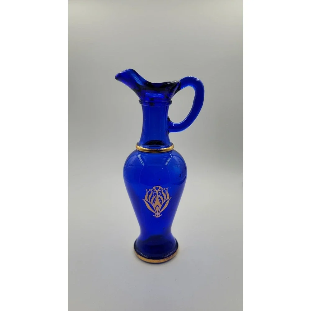 Empty Vintage Avon 70s Cobalt Blue Gold Glass Oil Bottle Pitcher Decanter‎ 9